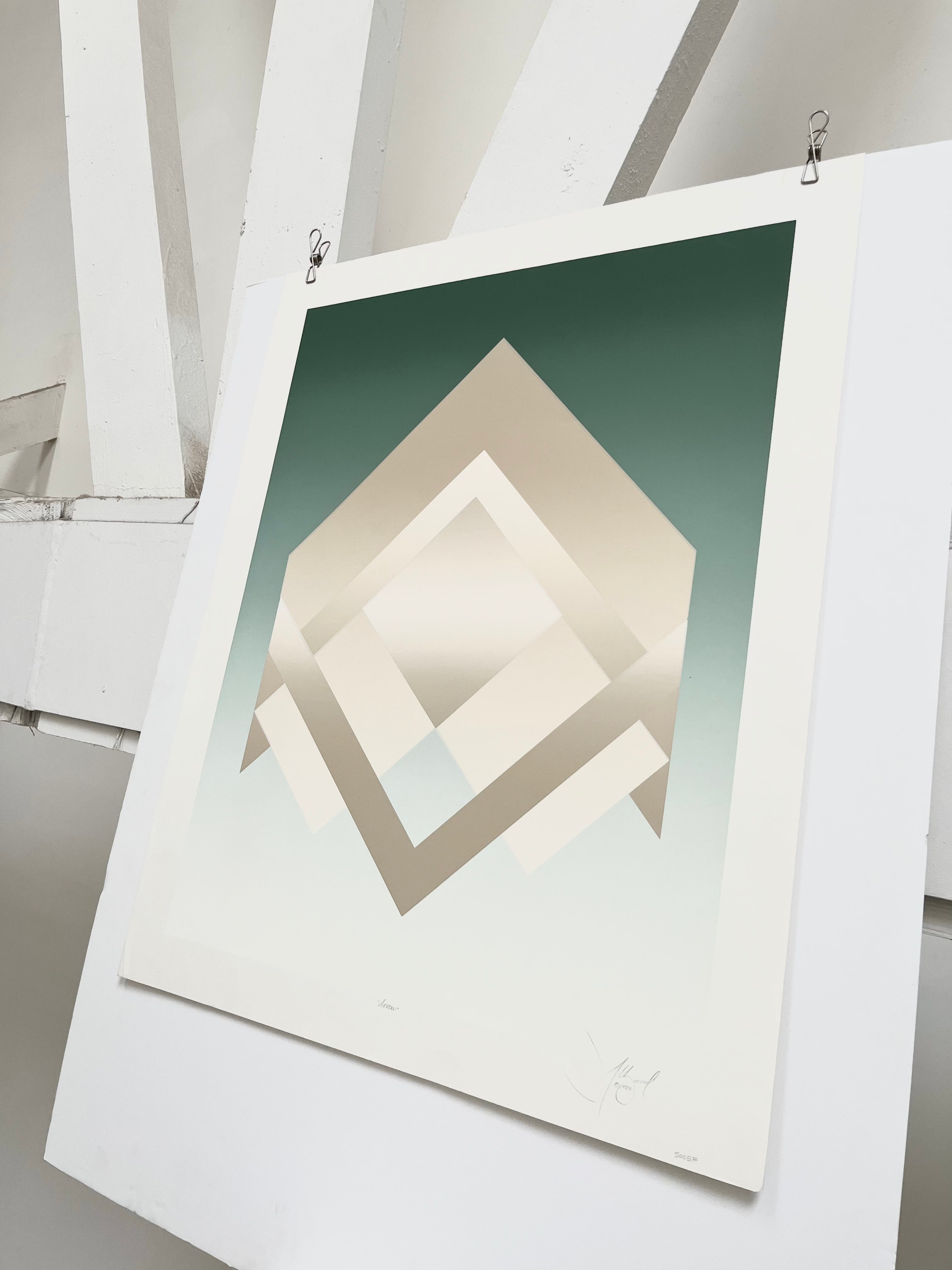 1982 David Allgood 'Arrow' signed screenprint, vintage op art geometric print in soft blue, green and beige, angled view
