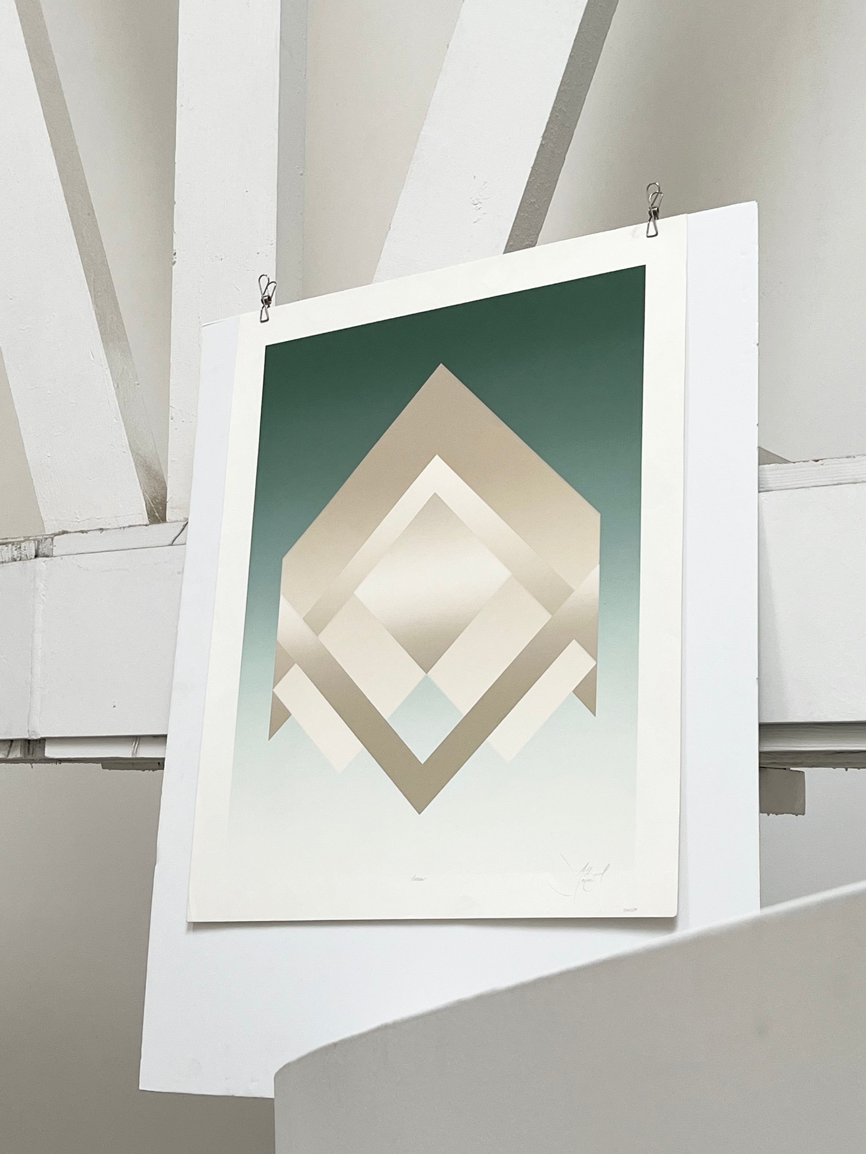 Full view of David Allgood 'Arrow' 1982 original signed screenprint, geometric op art pattern on white matte paper, 26 x 32 inches