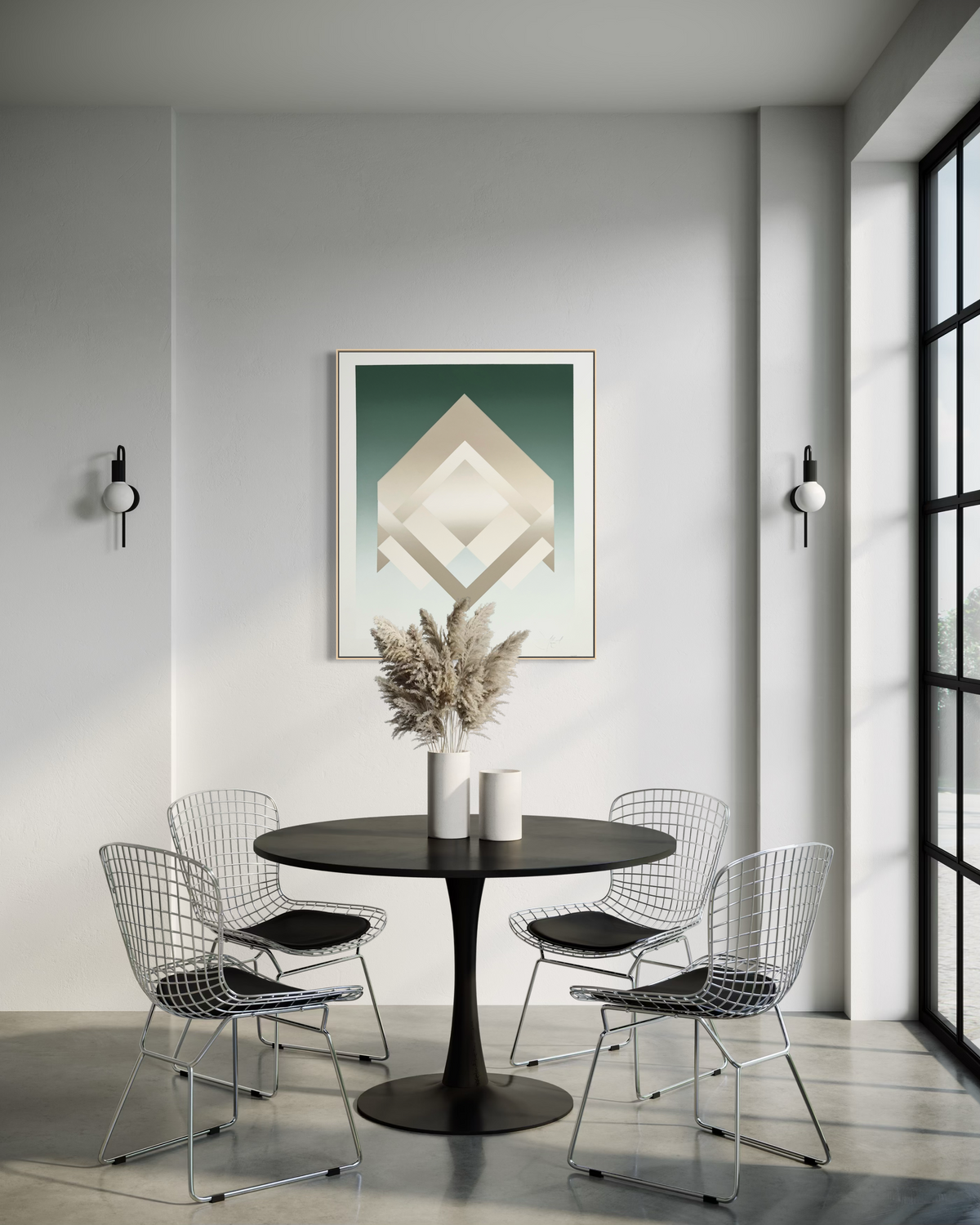 David Allgood 'Arrow' vintage geometric screenprint in a curated gallery wall