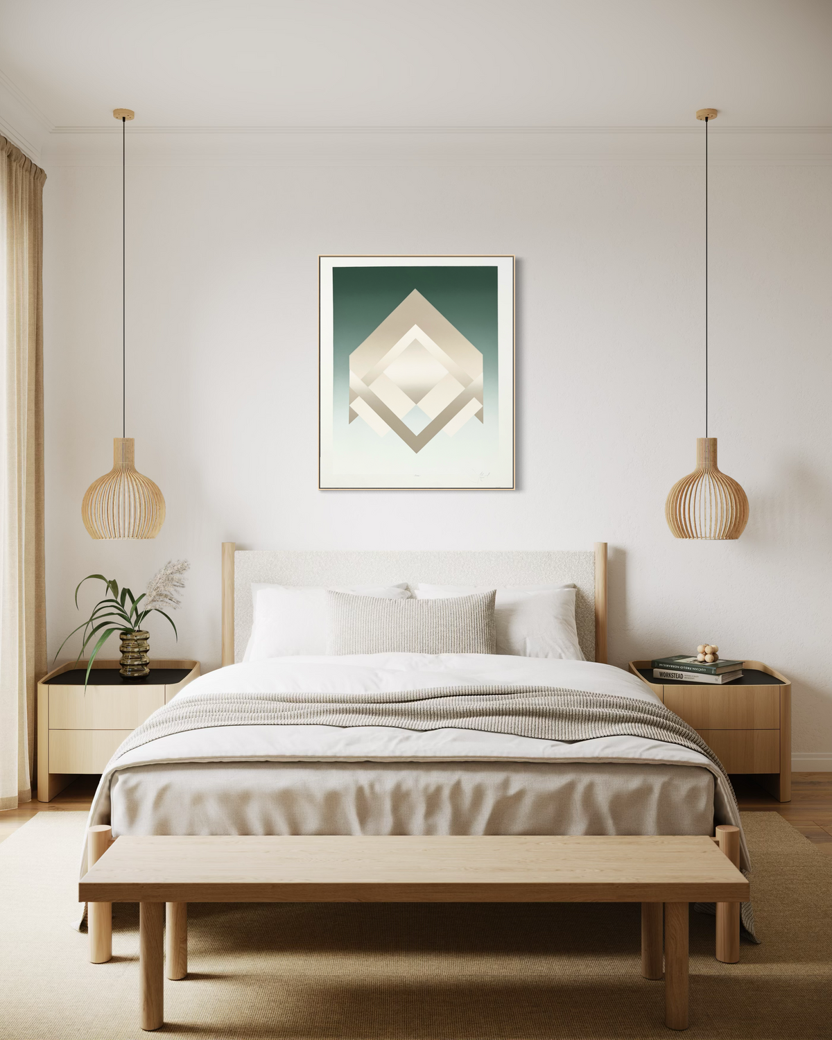 Vintage David Allgood 'Arrow' op art screenprint displayed in a modern living room as statement wall art