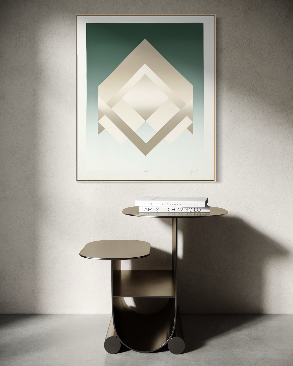 Original 1982 David Allgood op art print in soft calming tones hanging in a mid-century modern interior