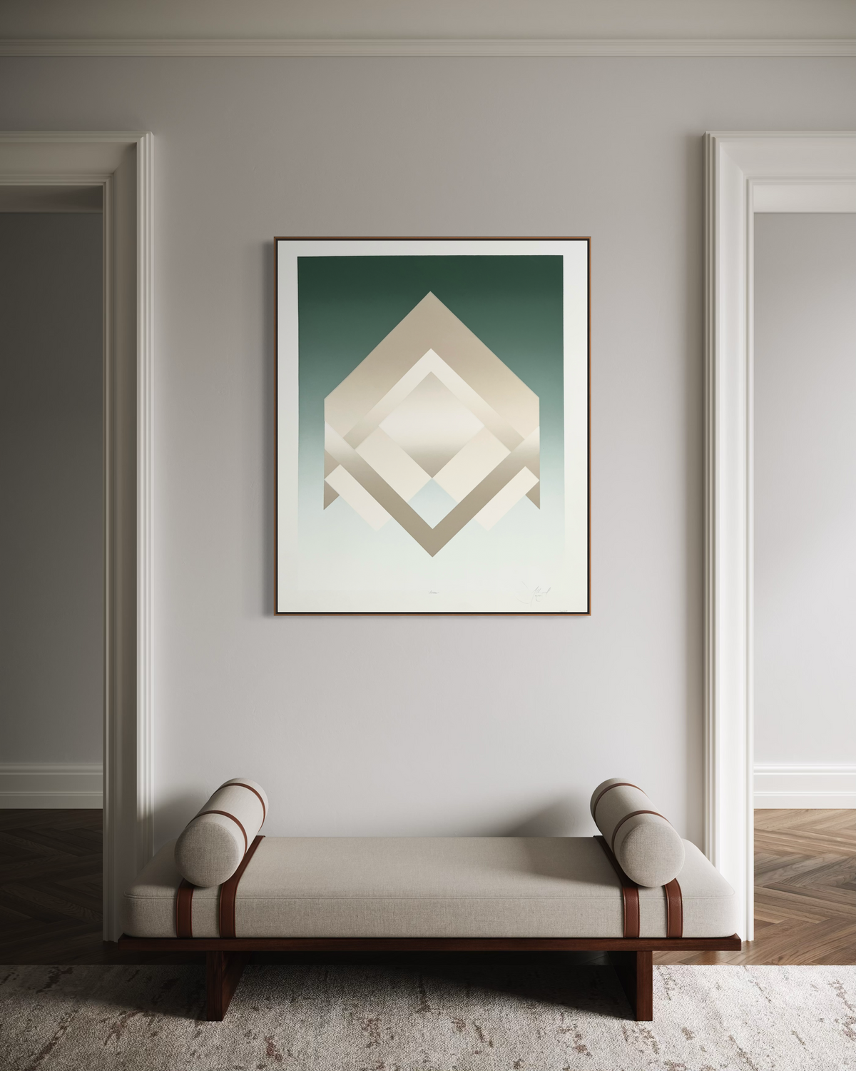 1980s op art print by David Allgood styled as vintage wall art above a sofa