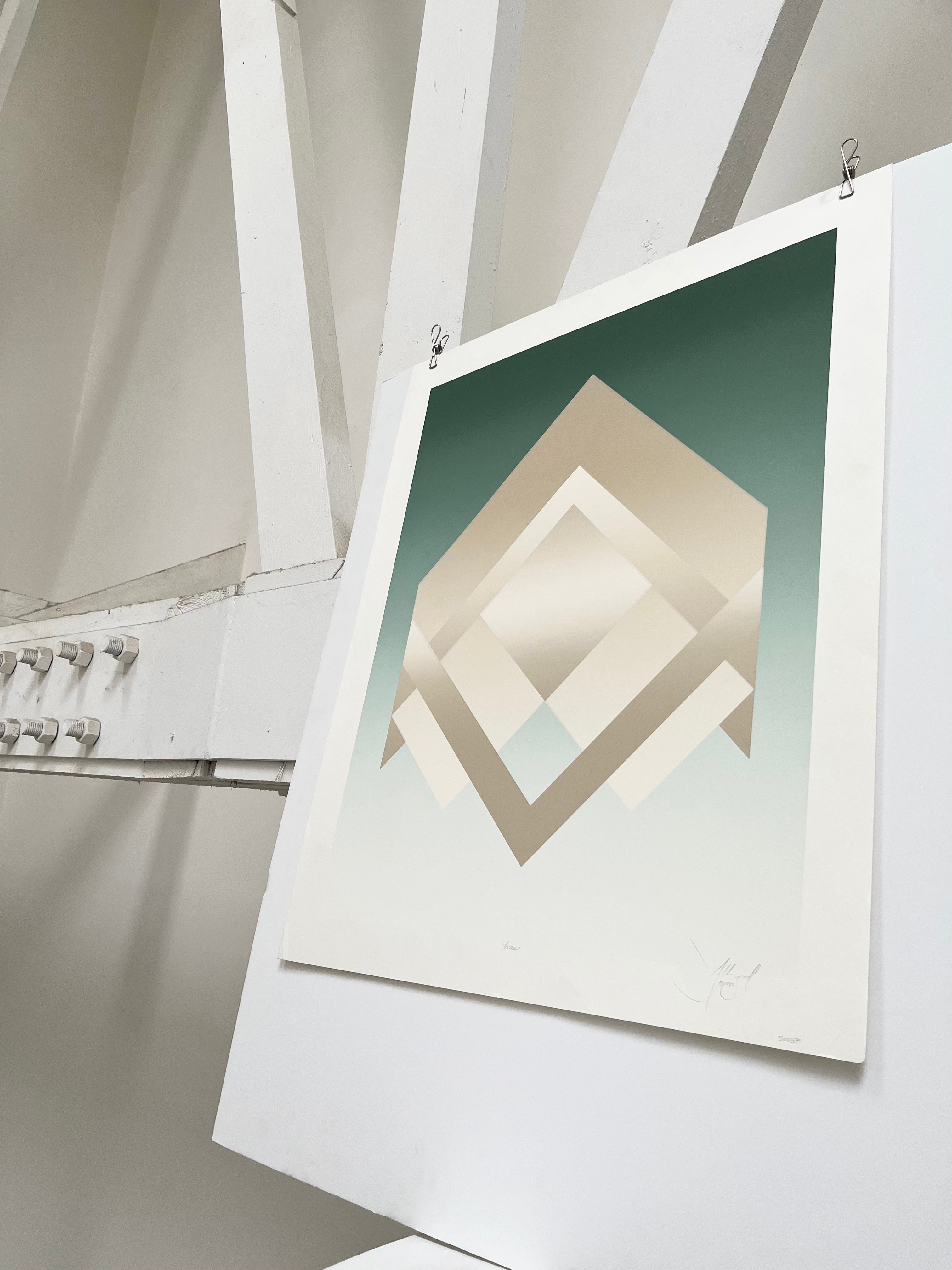 Side view of David Allgood 1982 signed screenprint showing thick white matte paper