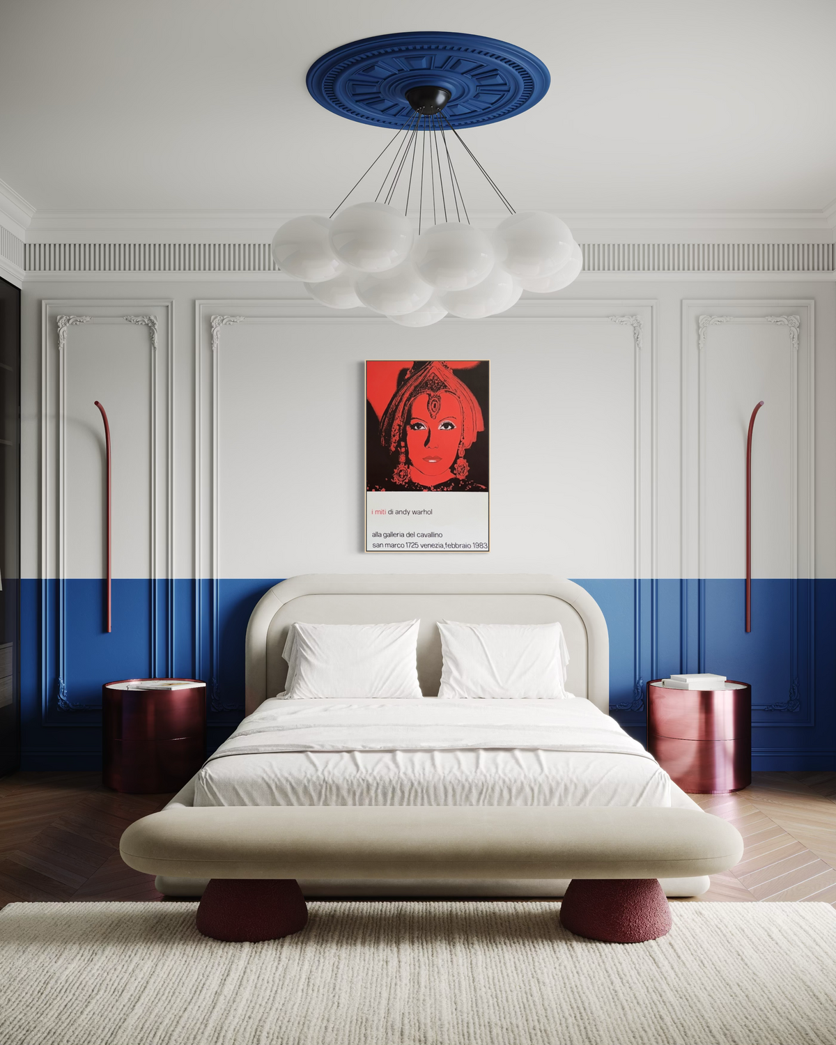 1983 Andy Warhol exhibition print displayed as wall art above a bed in a bedroom setting