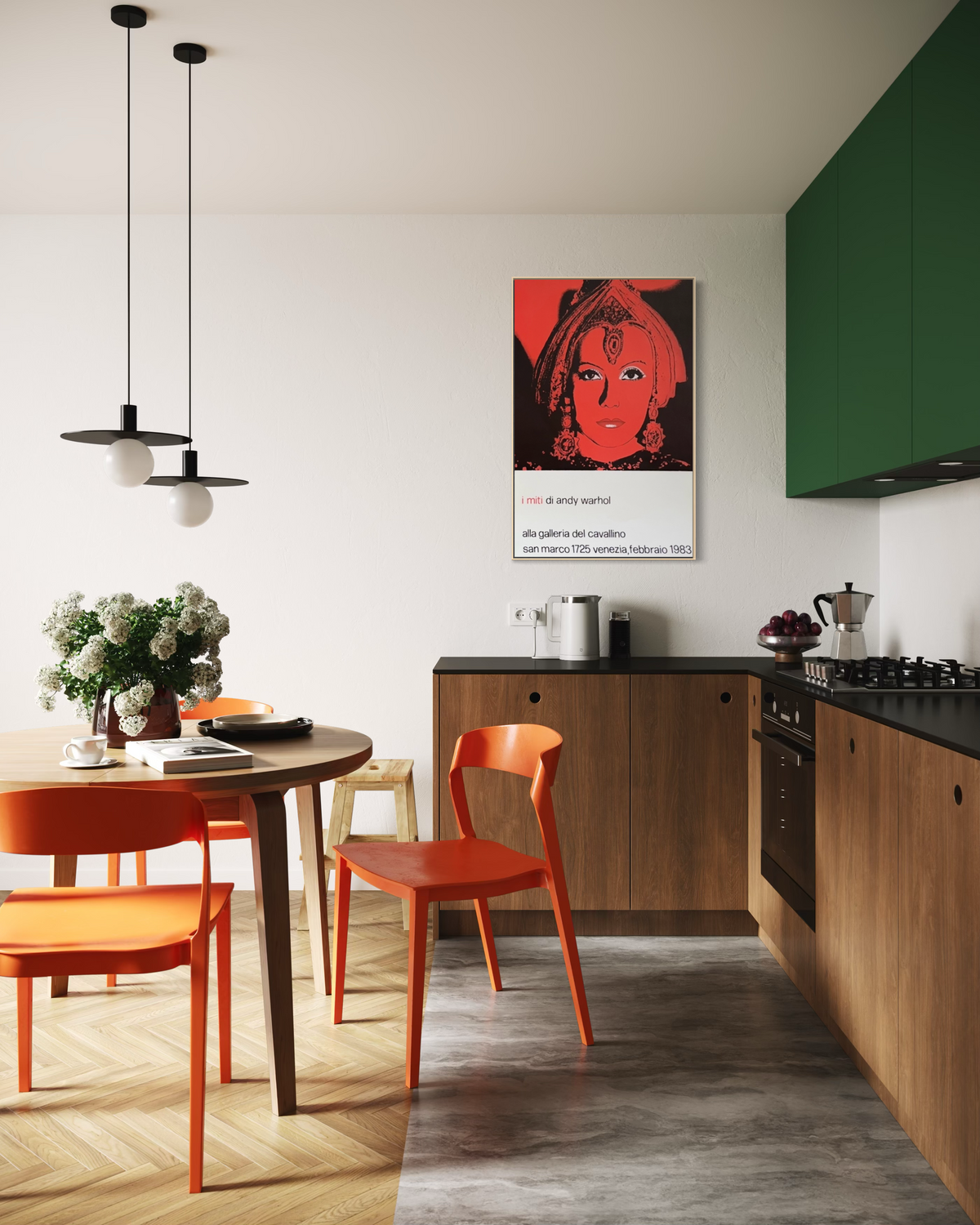 1983 Andy Warhol exhibition print displayed as wall art in a kitchen setting