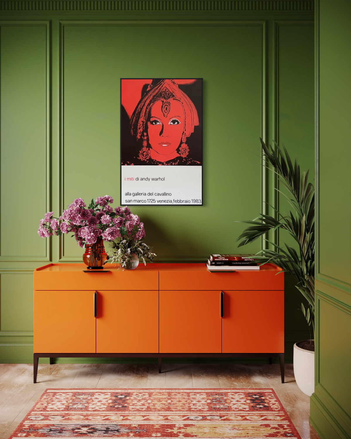 1983 Andy Warhol exhibition print displayed as wall art in a modern living room styled space