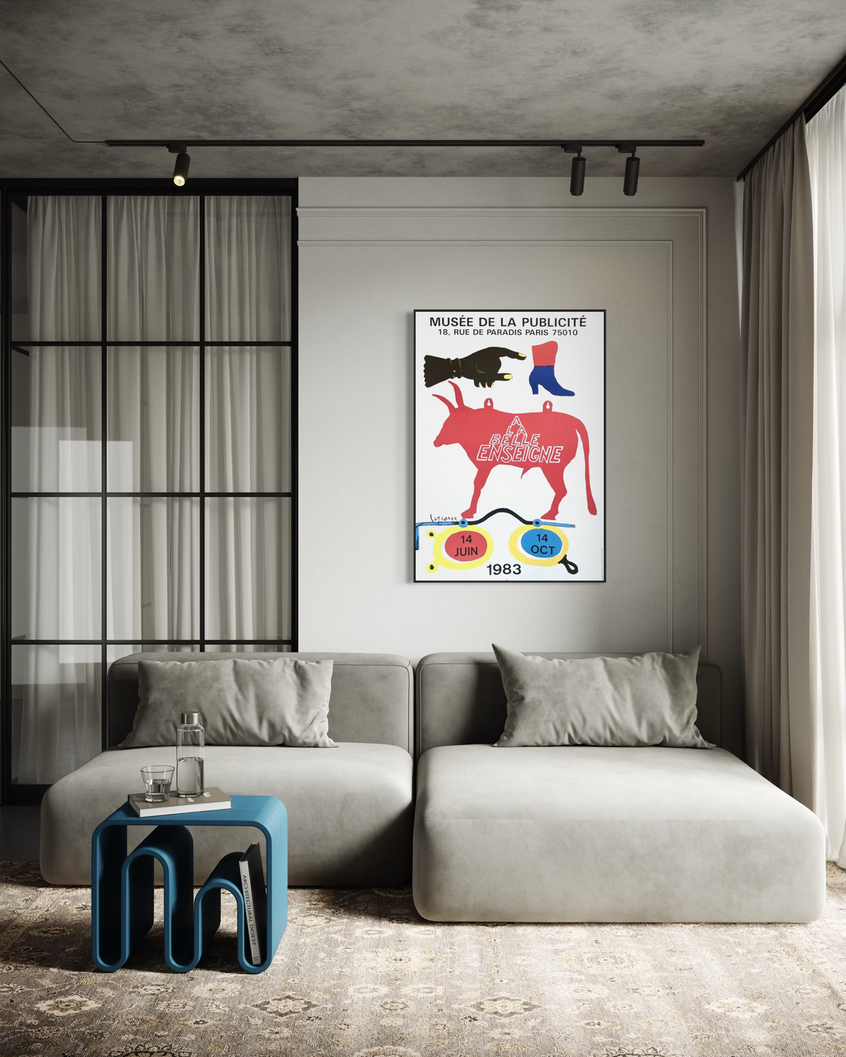 Display of 1983 Jacques Lagrange French Art Exhibition Lithograph in a Lounge room