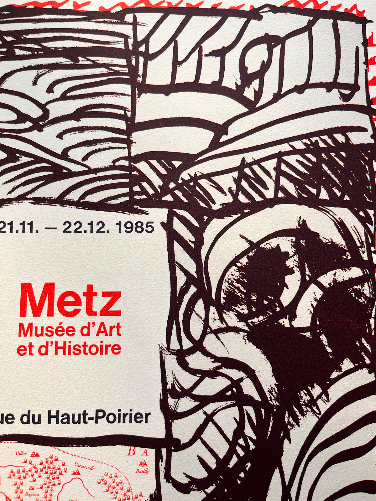 Close-up detail of Pierre Alechinsky 1985 lithograph showing expressive brushwork and textured matte paper