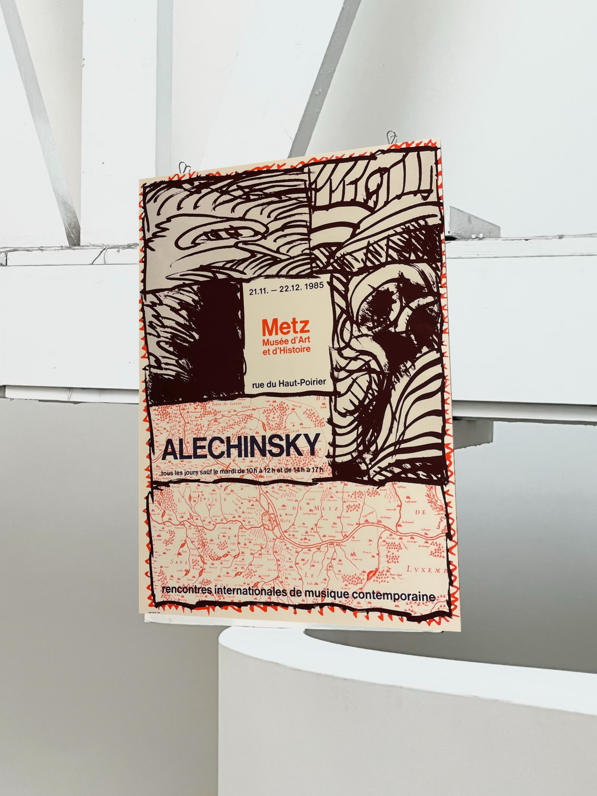 Original 1985 Pierre Alechinsky lithograph, red abstract exhibition print for the Musée d'Art et d'Histoire de Metz, printed by Imprimerie Clot in France