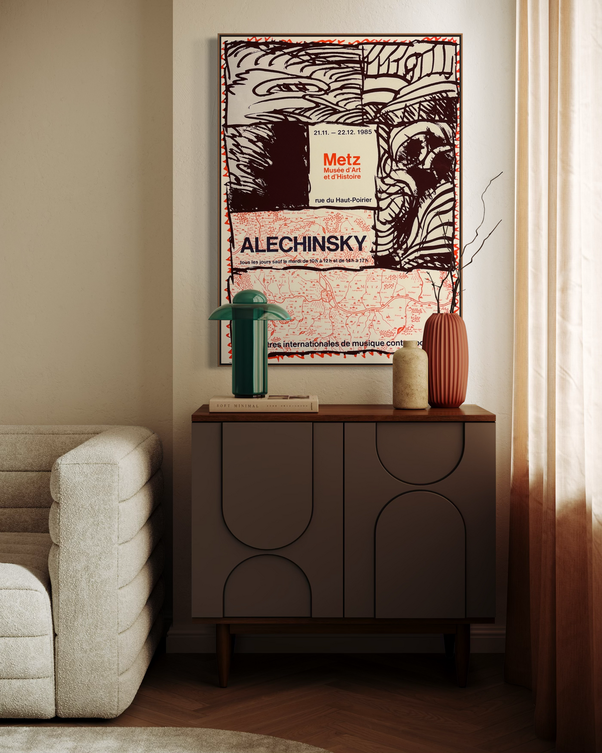 Red abstract Pierre Alechinsky exhibition poster framed above a [sofa/console/sideboard] in a styled living space