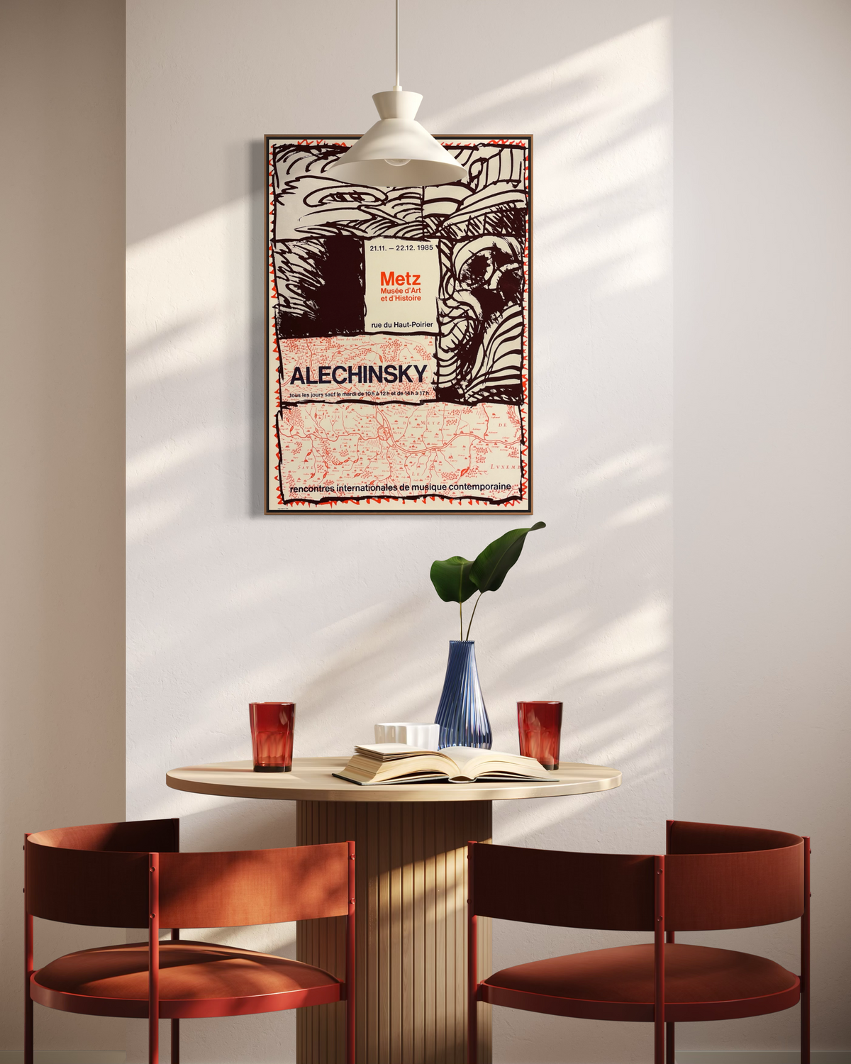 Vintage 1985 Pierre Alechinsky abstract lithograph displayed as wall art in a modern home interior