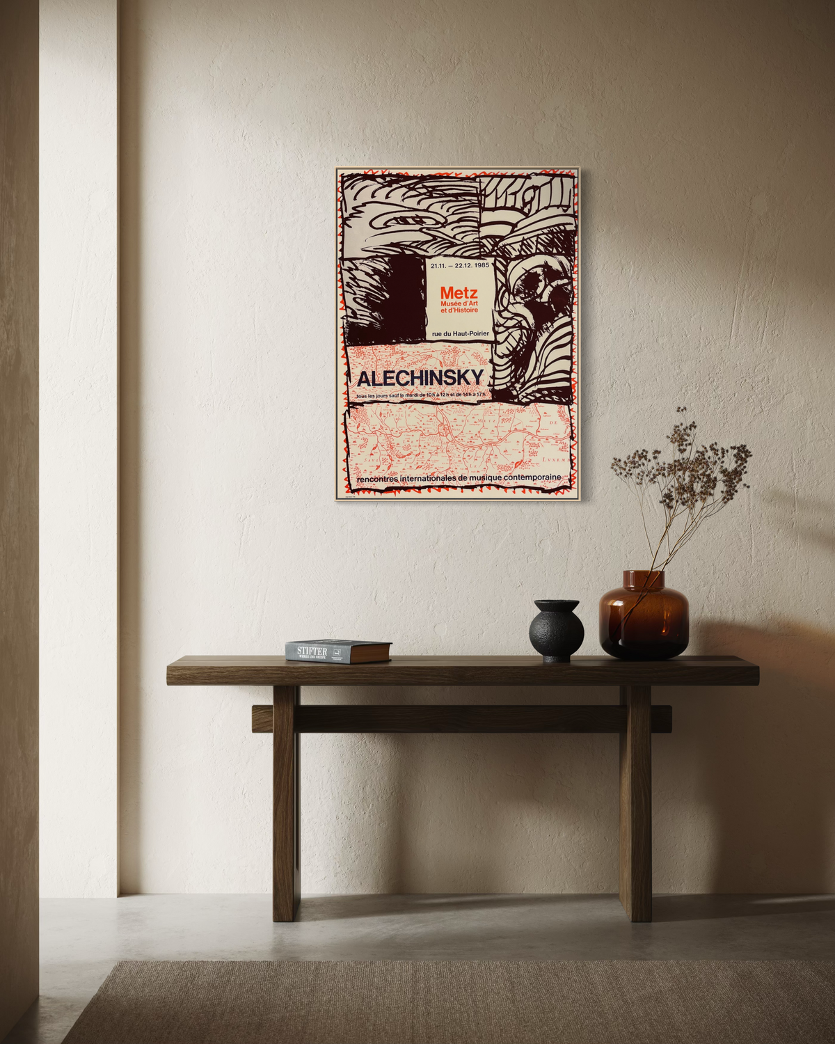 Room mockup showing the scale of a 15 x 20.5 inch vintage Pierre Alechinsky lithograph on a wall