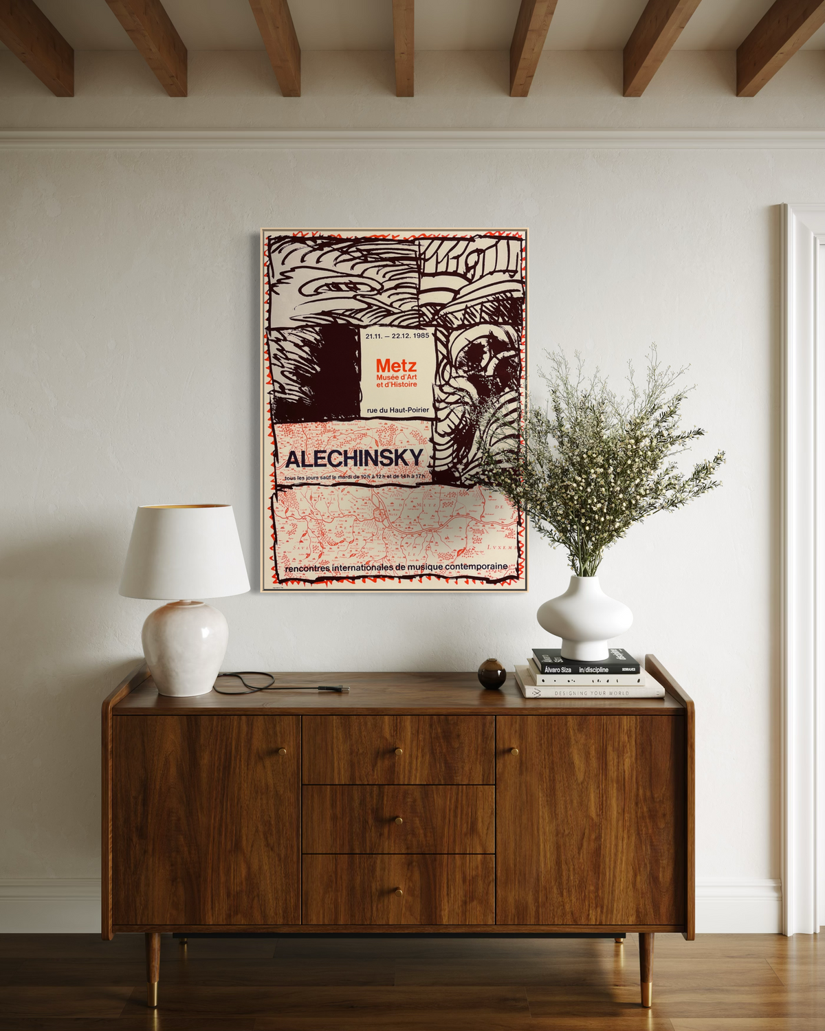 1985 Pierre Alechinsky French lithograph hung as mid-century modern wall art in a room