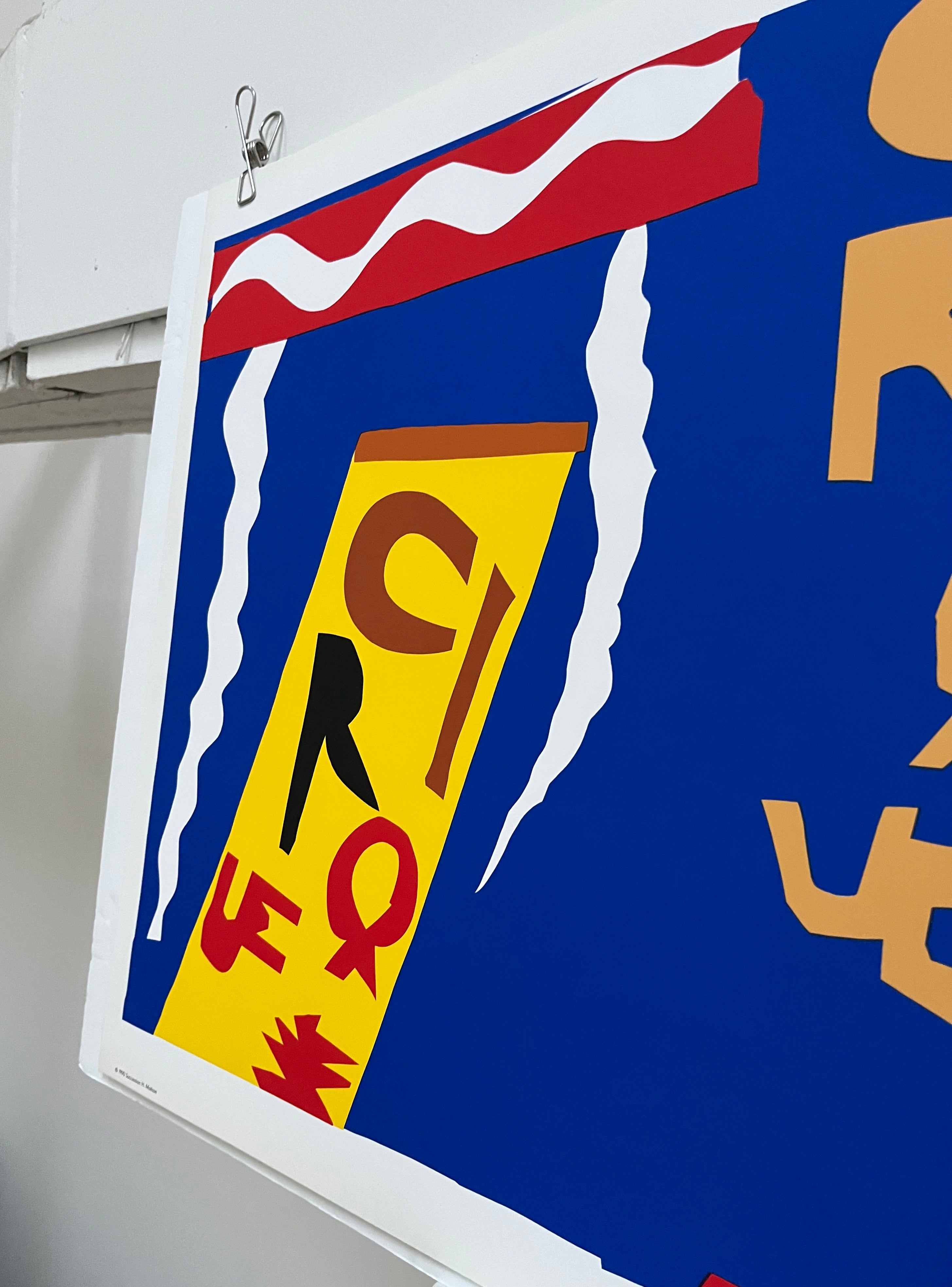 Close-up detail of Matisse "Cirque" screenprint, bold color abstract shapes