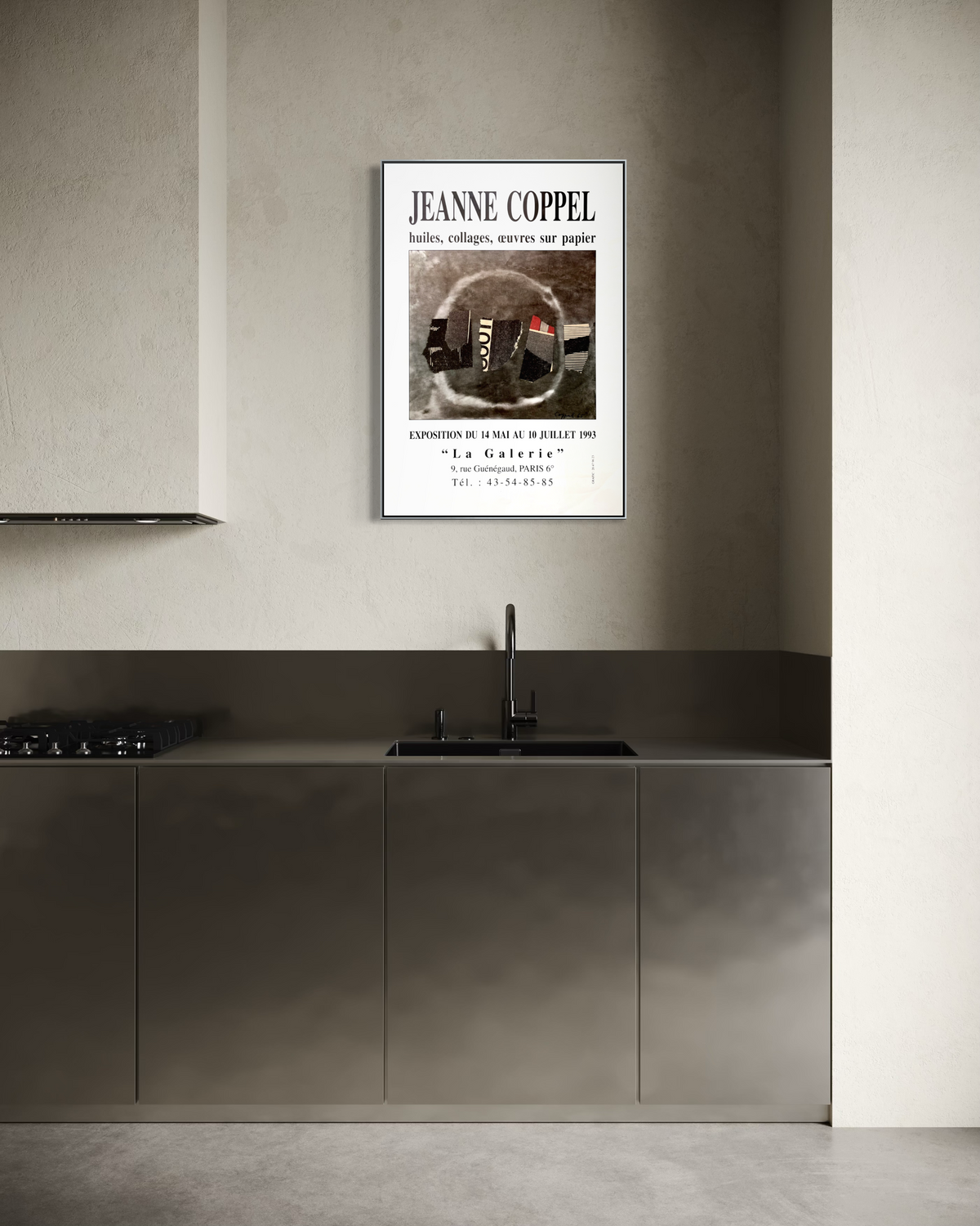 Vintage 1993 Jeanne Coppel exhibition poster displayed on a gallery-style art wall.
