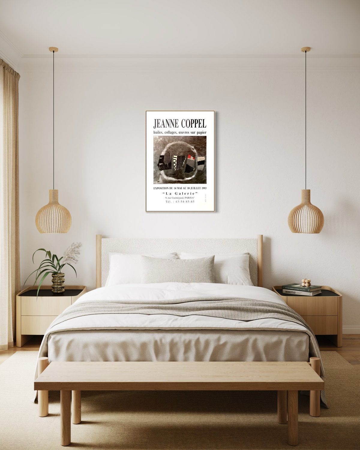 1993 Jeanne Coppel abstract collage poster hanging on a bedroom wall.