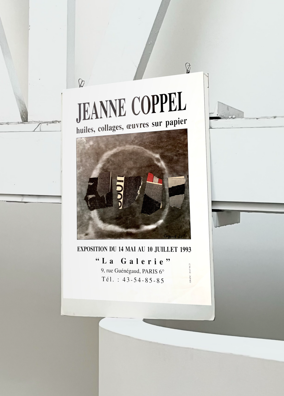 1993 Jeanne Coppel exhibition poster from La Galerie, Paris, featuring her 1965 abstract collage 'LOVE' in black, beige, gray and white, with printed typography.