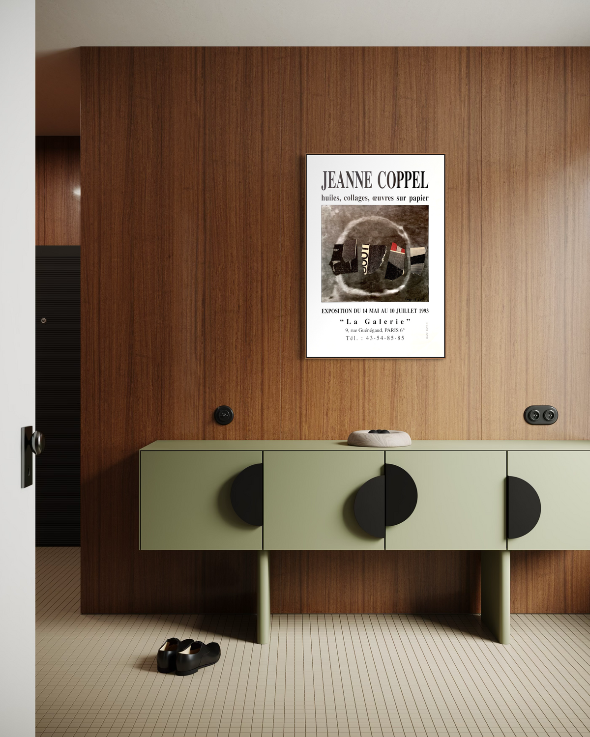 Jeanne Coppel 1993 French exhibition poster styled as wall art in a home interior.