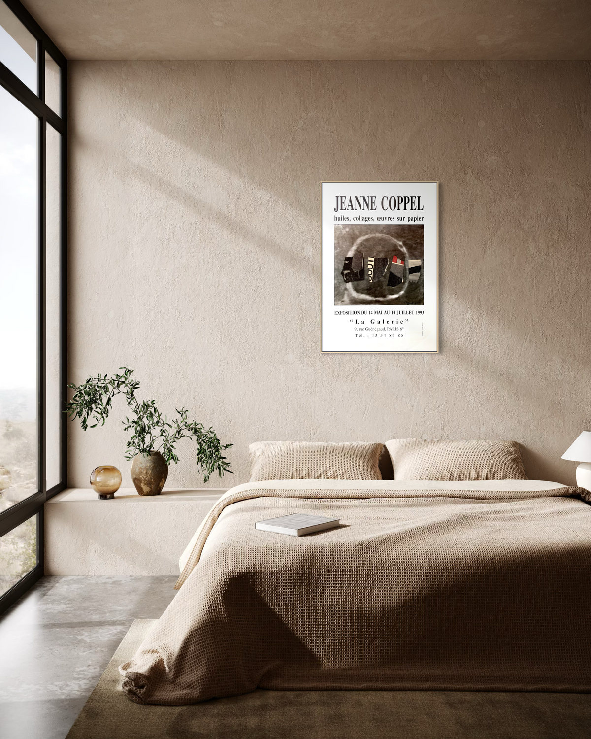 Mockup of the 1993 Jeanne Coppel 'LOVE' exhibition poster framed in a living space.