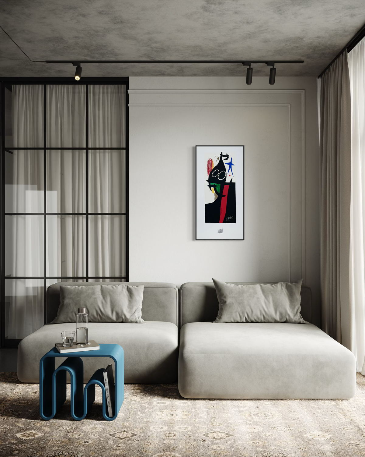 A modern living room featuring Joan Miro Art Print featuring a light gray modular sectional sofa, a blue sculptural side table, and a framed abstract art print on a light gray wall.