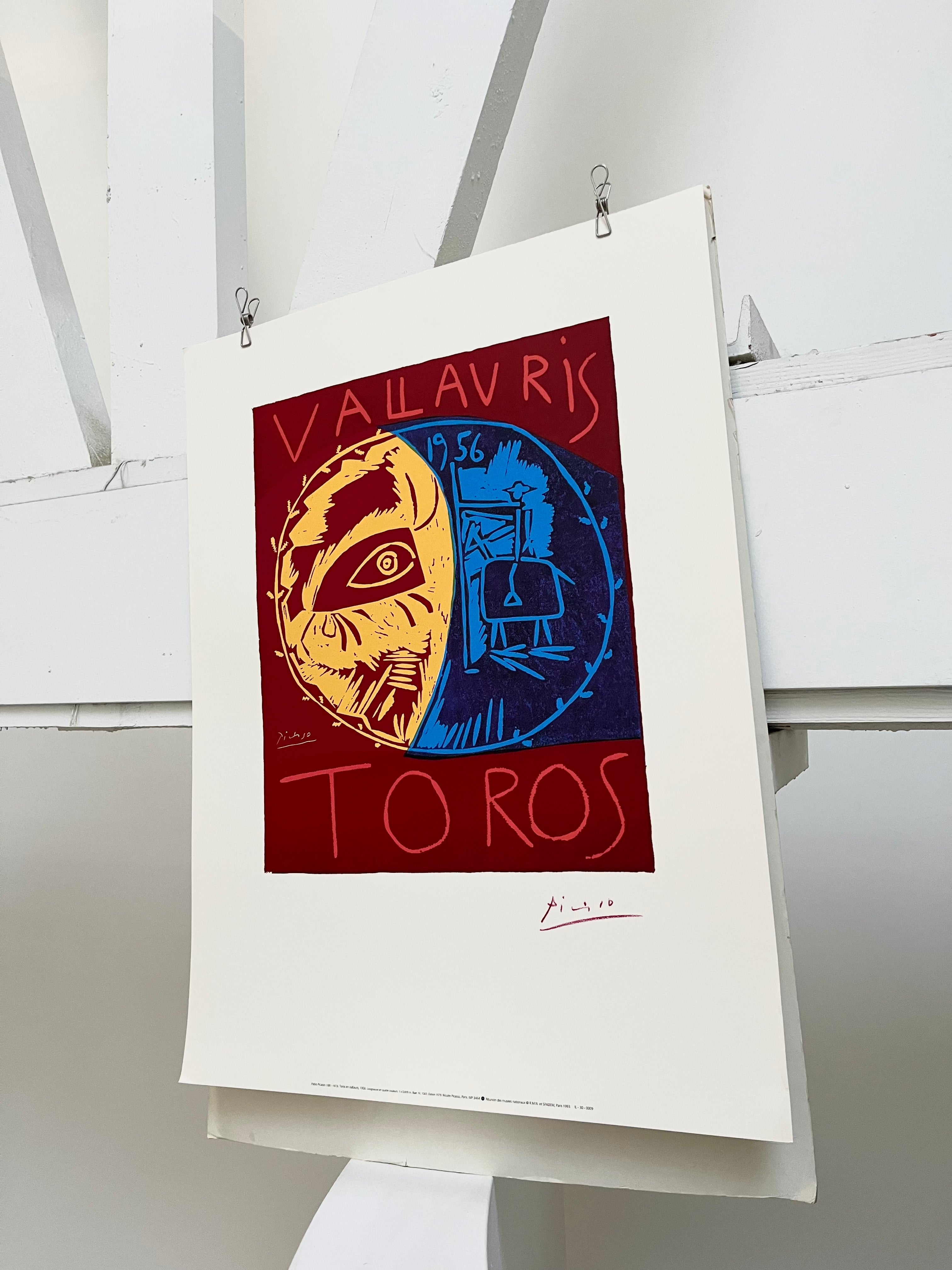 Full view of 1993 Pablo Picasso French lithograph featuring Toros en Vallauris bullfight artwork in red, yellow and blue