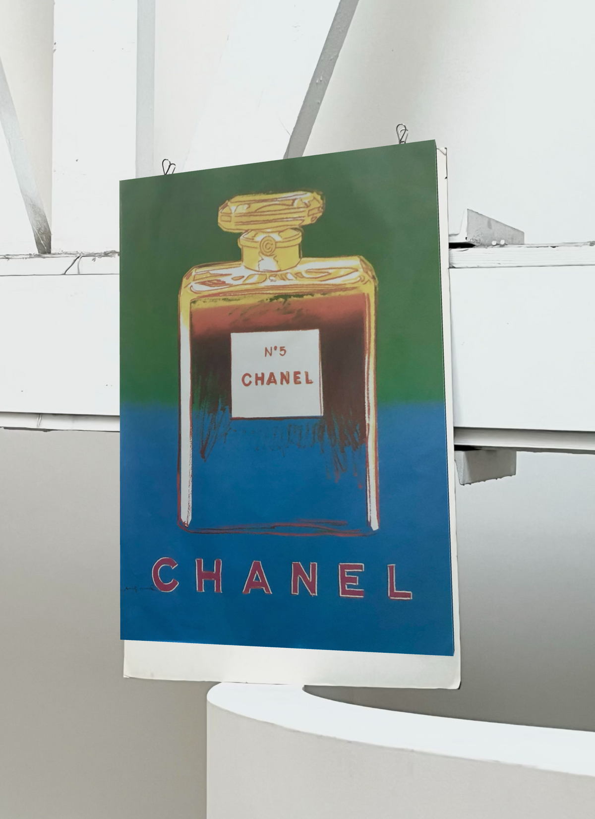 1997 Andy Warhol Italian Chanel poster featuring repeated Chanel No. 5 perfume bottles in blue pop art style