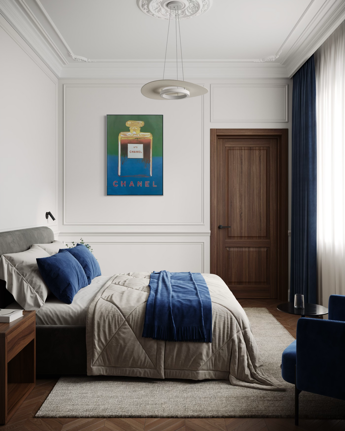 1997 Andy Warhol blue Chanel No. 5 poster on a living room wall