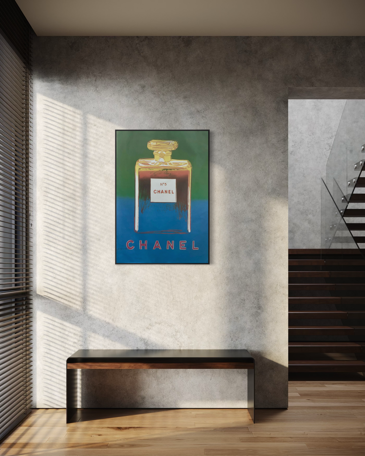 Vintage Andy Warhol blue Chanel poster displayed as wall art