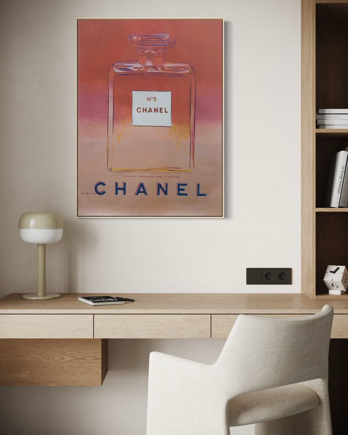 Andy Warhol pink Chanel pop art poster styled in a home interior