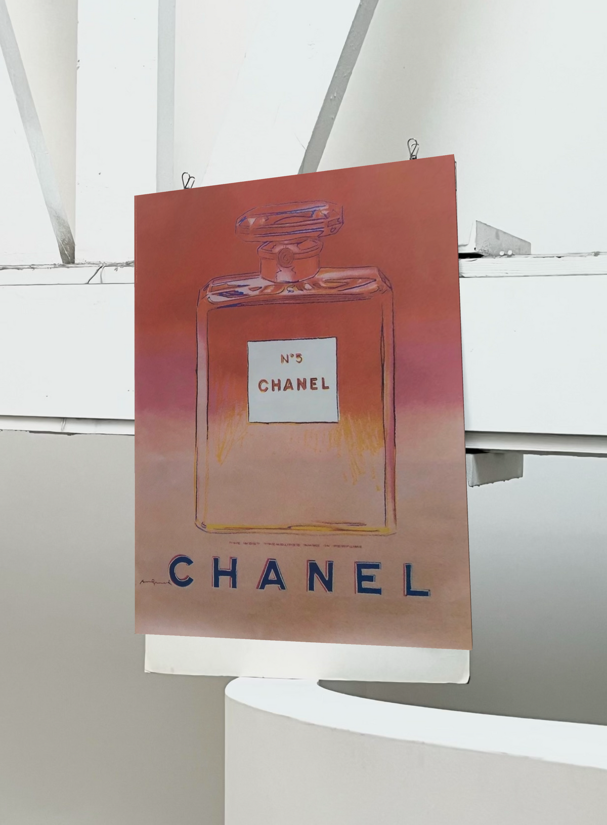 1997 Andy Warhol Italian Chanel poster featuring repeated Chanel No. 5 perfume bottles in pink pop art style
