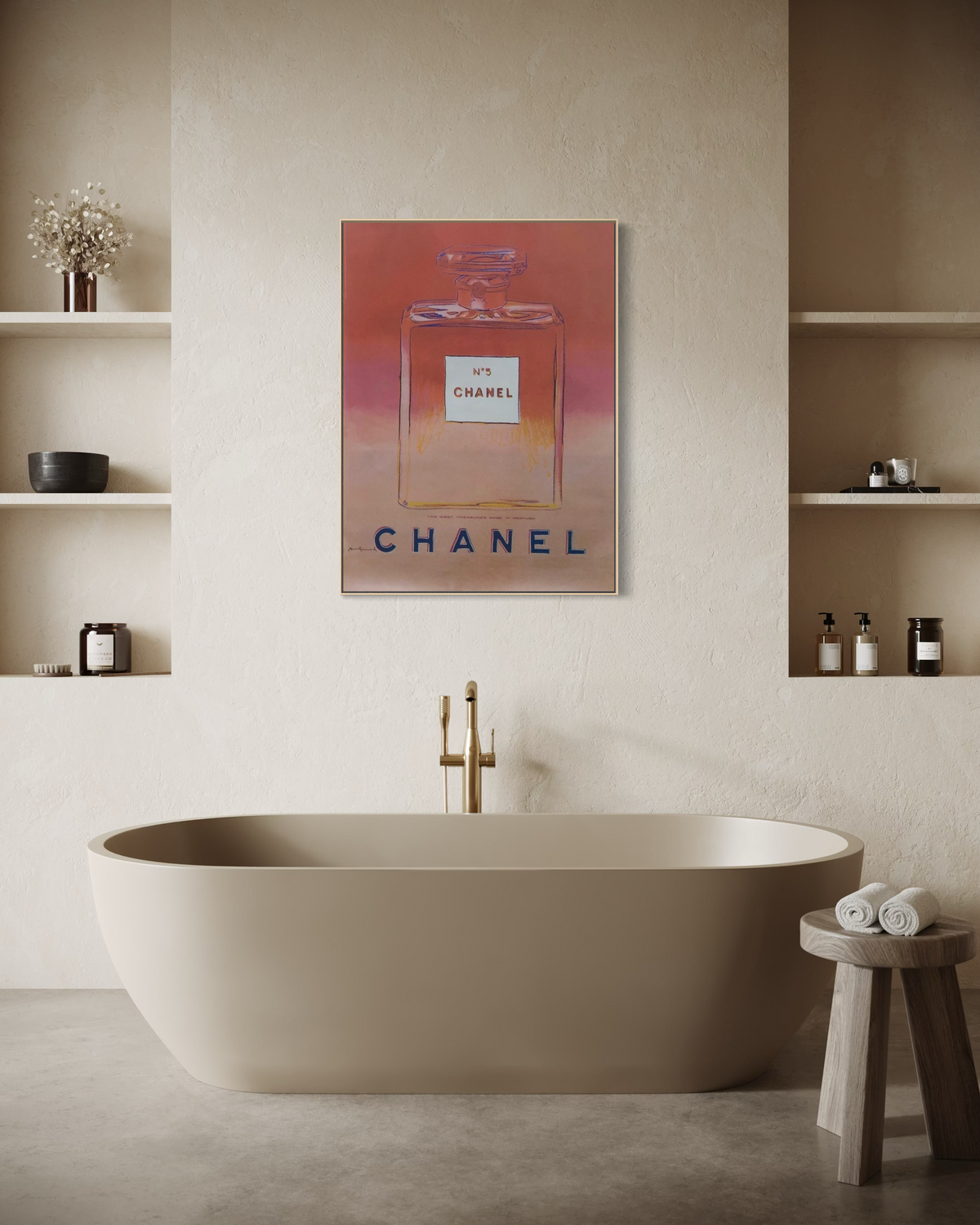1997 Andy Warhol pink Chanel poster styled on display in a home setting