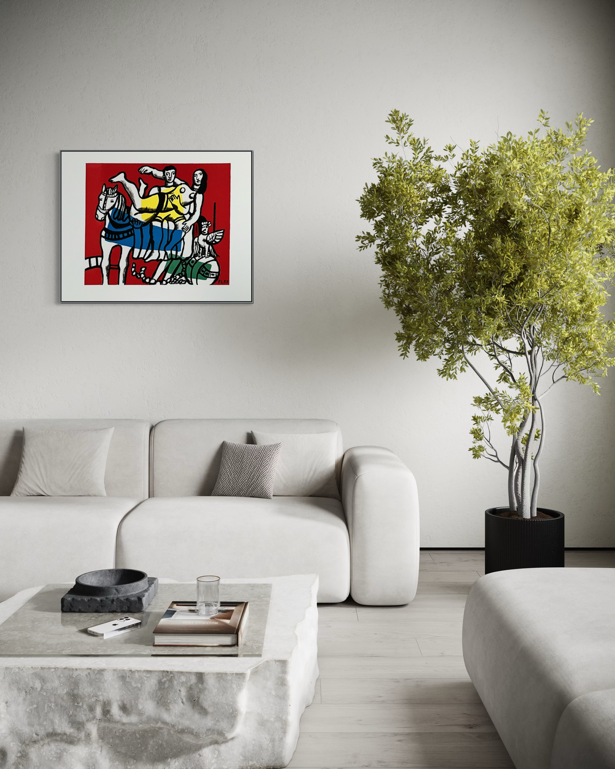 2000s Fernand Léger lithograph displayed as wall art in a living room setting