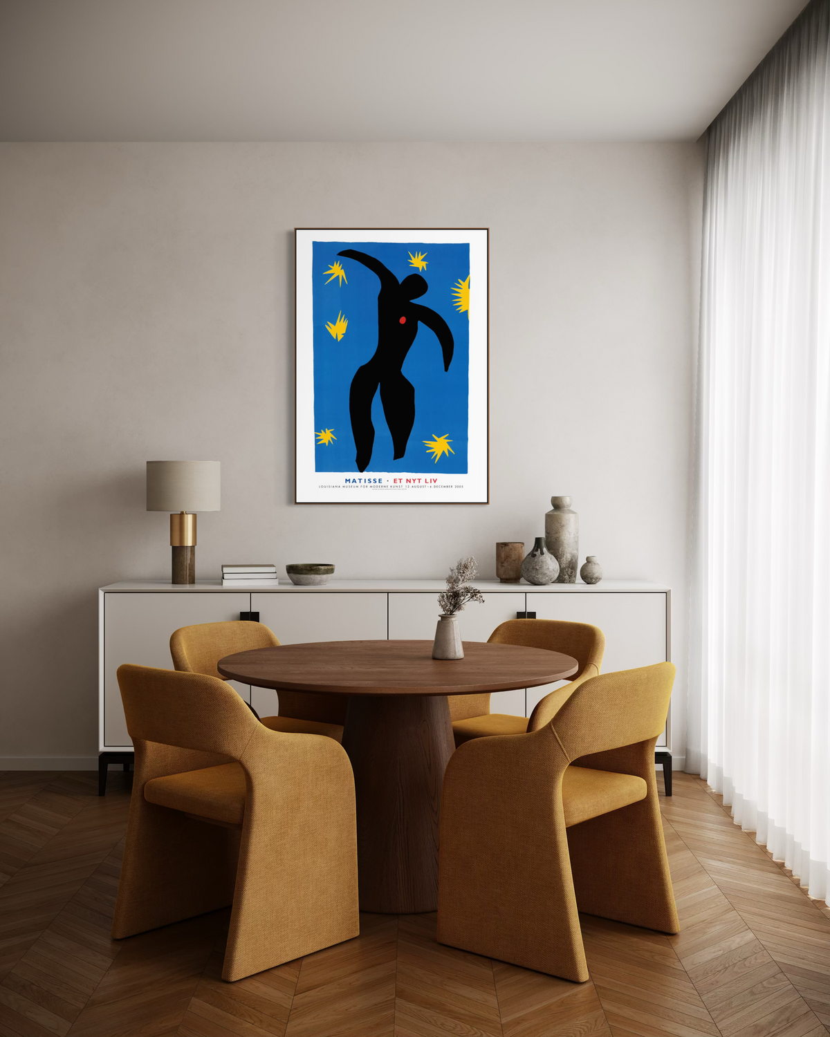 	Mockup of the Matisse exhibition poster framed in a dining room