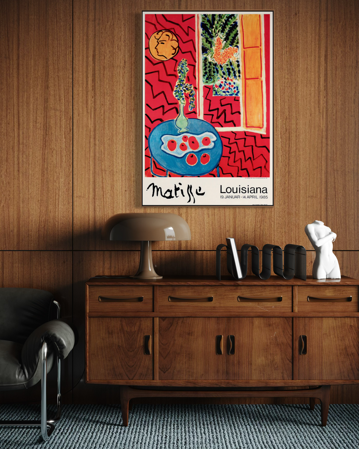 Henri Matisse red still life exhibition poster framed on a living room wall