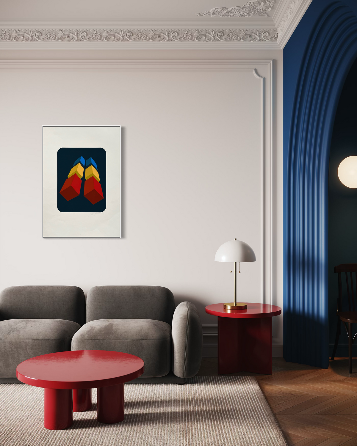 Vintage op art screenprint displayed in modern interior wall art